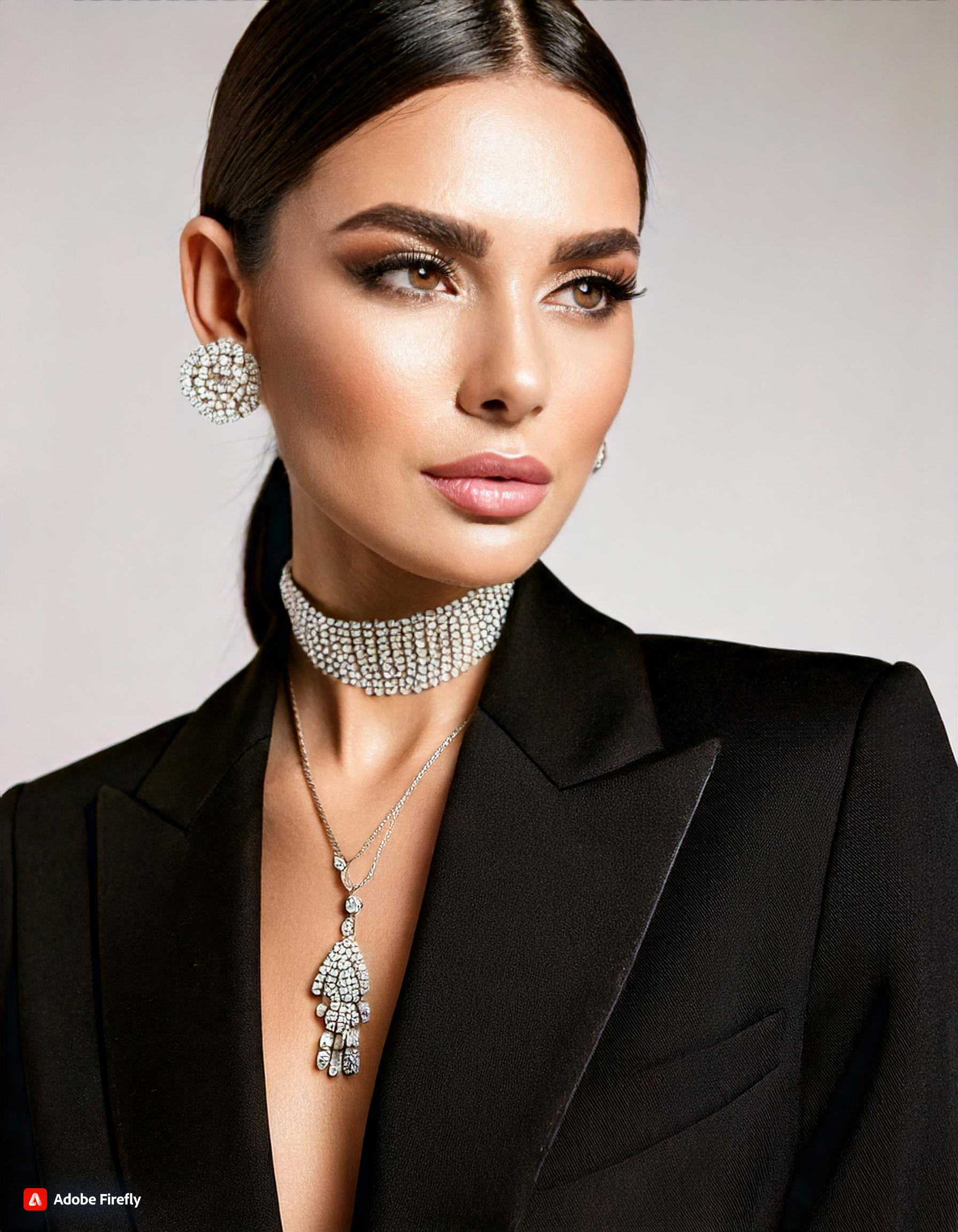 Firefly -A close-up portrait of a sophisticated woman with sleek, straight black hair styled in a ne